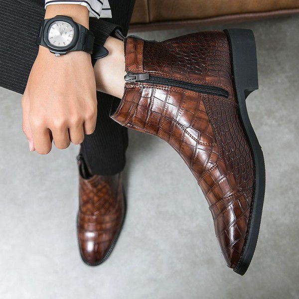 Autumn New Leather Boots Men's Fashion Fit High Top Casual Leather Shoes Pointed Side Zipper Short Boots 