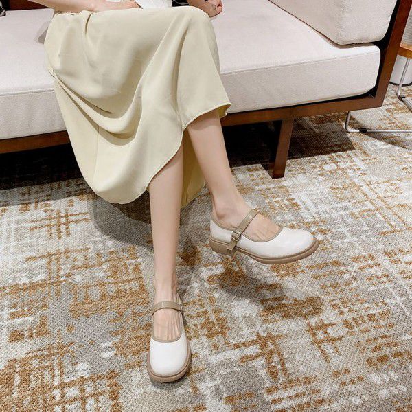 French genuine leather Mary Jane shoes women's season new thick heel flat sole single shoe retro and gentle 