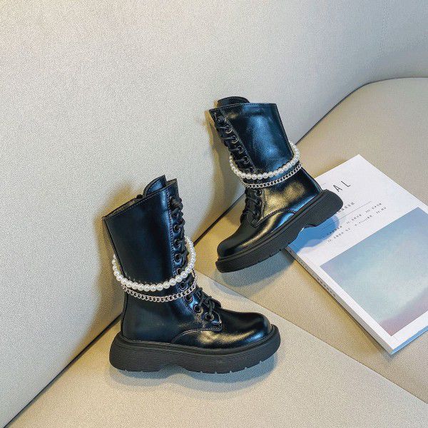 Winter Children's Shoes New Girls' Fashion Pearl Chain High Boots Little Girls' Knee Length Plush Martin Boots 
