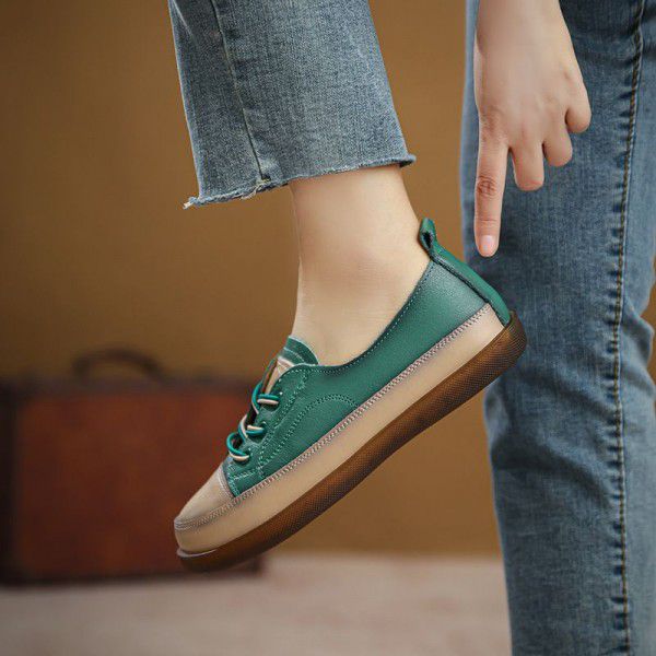 New Vintage Genuine Leather Flat Sole Women's Shoes Soft Sole Colored Casual Shoes Cow Rib Sole Women's Single Shoes 