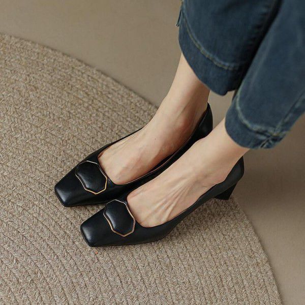 Sheepskin high heels, thick heels, square toe, cow...