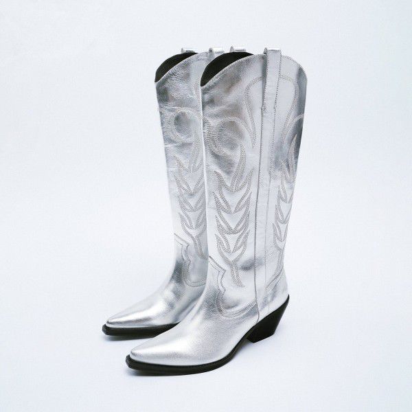 High boots, silver embroidery, Chelsea long boots, Western denim style knight boots 