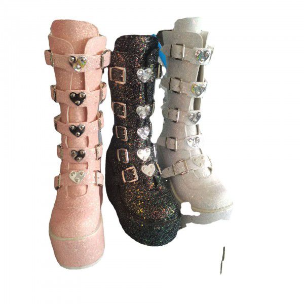Winter New Women's Shoes Fashion Thick Sole Heart shaped Buckle Mid Barrel Sequin Wedge Martin Boots Women 