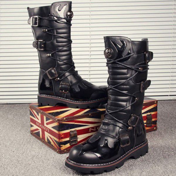 Korean version thick soled men's high tube big head leather boots totem fashion boots long tube shoes work clothes 