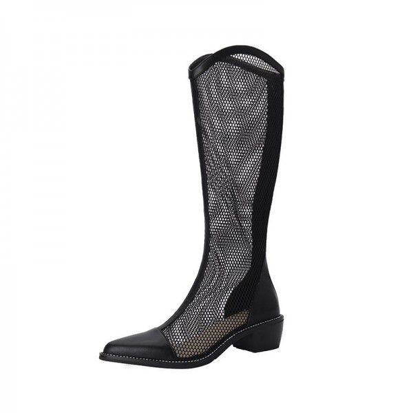 New Spring/Summer Long Boots Women's Thick Heel Mesh Boots Hollow Cool Boots Summer Breathable Thin Mesh Long Boots 