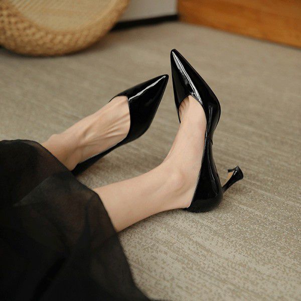 Spring Temperament Commuting Naked High Heels, Sheep Lacquer Leather, Simple Pointed Head, Shallow Mouth, Thin Heels, Work Professional Single Shoe Girl 