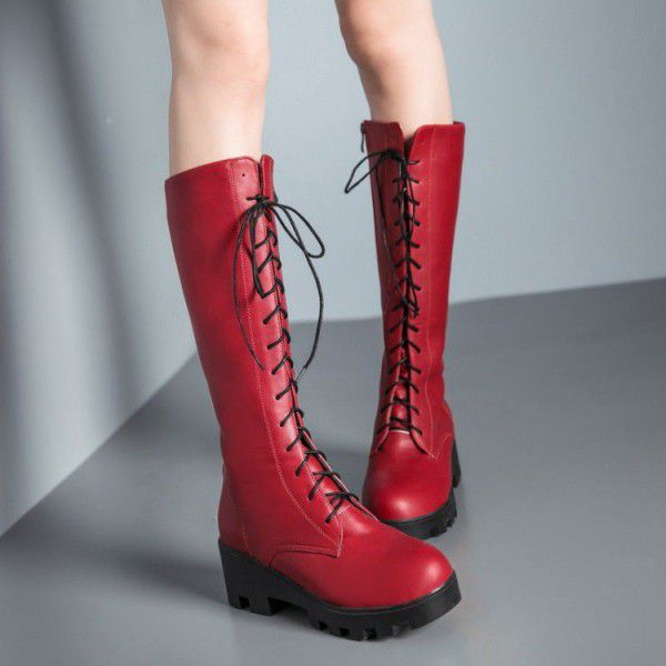 Lace up thick sole red oversized boots 