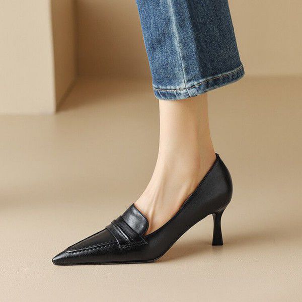 Black genuine leather small leather shoes, women's brown pointed thin high heels, new retro shallow cut thin single shoes