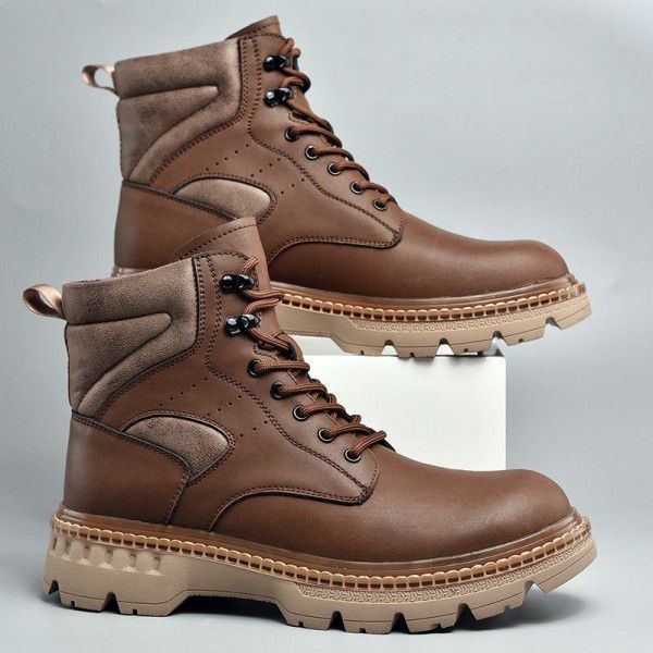 Thick soled Martin boots, men's leather boots, winter plush insulation, work attire boots, messy short boots, high top motorcycle men's shoes, genuine leather 