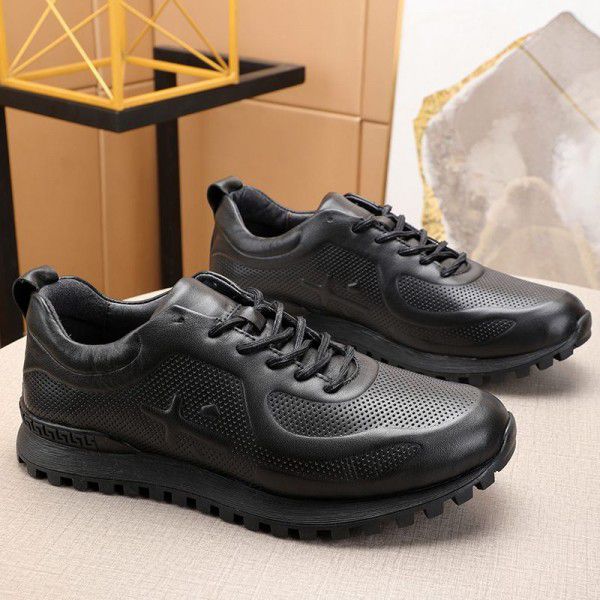Sports and leisure shoes, men's genuine leather, spring and autumn new all cowhide men's shoes, trendy and versatile, breathable soft sole running leather shoes 