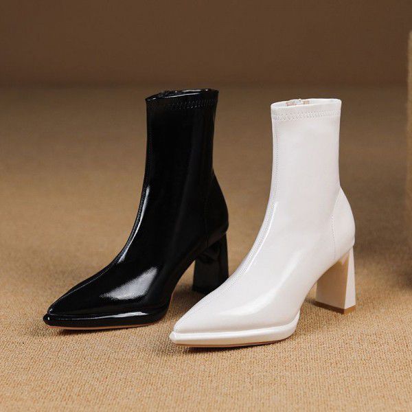 Mid length high heeled boots, children's new autumn and winter thick heel single lining patent leather French style short boots 