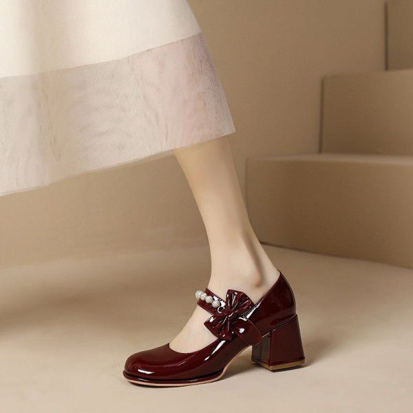 High Heel Women's Mary Jane Shoes Spring and Autumn Women's Shoes New Fairy Style Bow Knot Shallow Mouth Thick Heel Shoes Women's 
