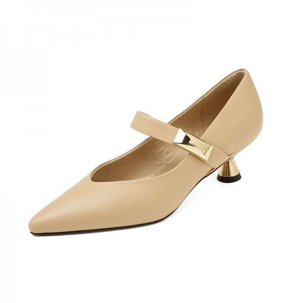 French retro shallow cut single shoe women's middle heel spring new full leather thin heel metal buckle pointed Mary Jane shoes 