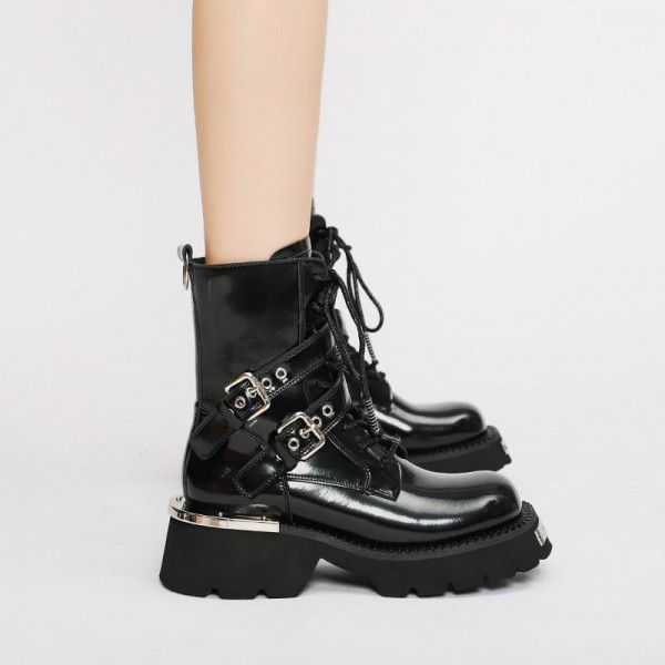 Genuine leather short boots for women with thick soles, new Martin boots with round head tie up mesh red leather boots, metal buckle side zipper 