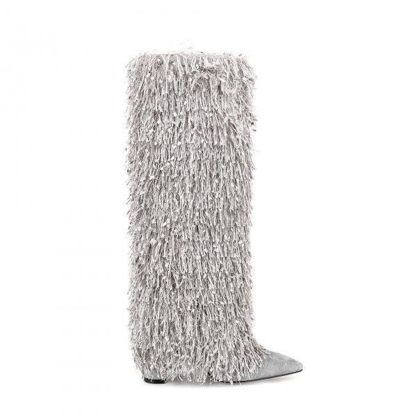 New Autumn and Winter Women's Fashion Tassel Sleeve Boots with Thickened Heels and Silver Tassel Boots Long Boots 