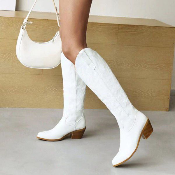 White long boots, women's retro thick heels, pointed embroidery, V-neck knight boots, slimming Western boots 
