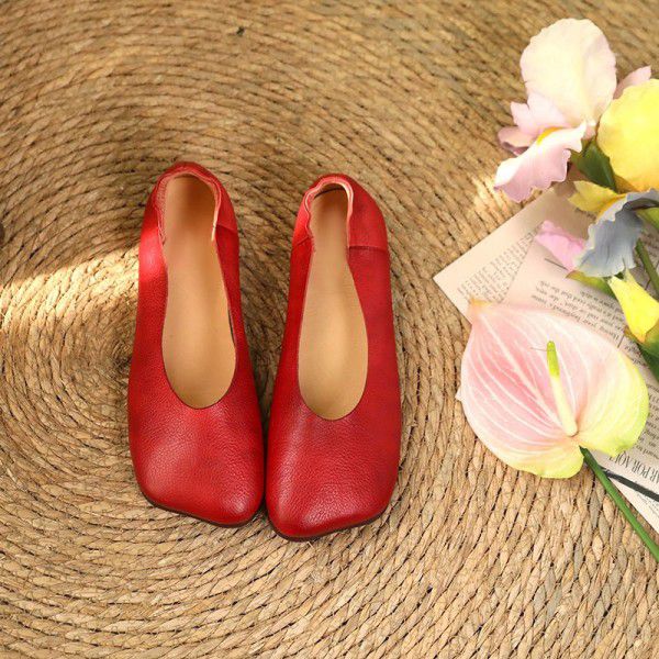 Cowhide square toe soft sole flat heel retro casua...
