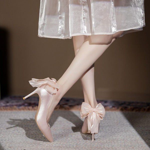 Spring New Pointed High Heels Slim Heel Shallow Bow Fashion Silk Satin Single Shoes Wedding Shoes 