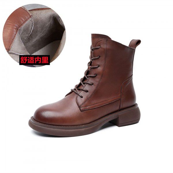 Autumn/Winter Vintage British Martin Boot Top Layer Cowhide Side Zipper Strap Women's Boot Slim Soft Short Boots 