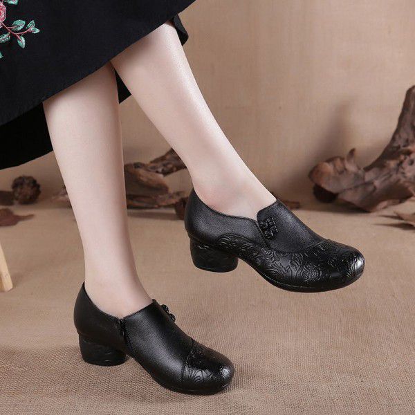 Spring and Autumn Retro Ethnic Style Single Shoes Thick Heel Middle and Old Age Single Shoes Deep Mouth Comfortable Middle Heel Versatile Anti slip Women's Shoes 