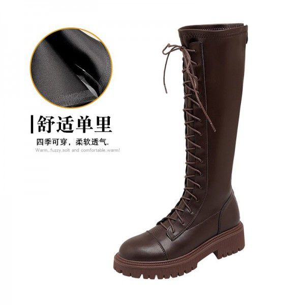 Brown Genuine Leather Women's Boots Long Sleeve Knight Boots Women's New Thick Sole Long Boots Thick Heel High Sleeve Boots Elastic Thin Boots 