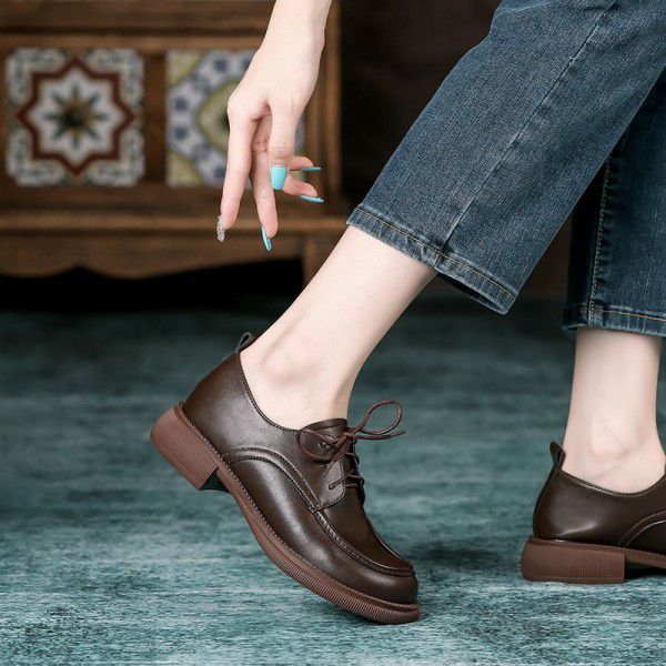 Genuine leather retro British style small leather shoes for women's spring and autumn new black versatile thick heels Japanese Lefu single shoes 