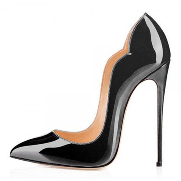 Black patent leather high heels, women's slim heels, pointed toe, shallow mouthed party shoes, solid color single shoes, oversized wedding shoes 