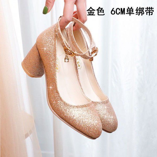 Silver single shoe women's dress with round toe high heels 