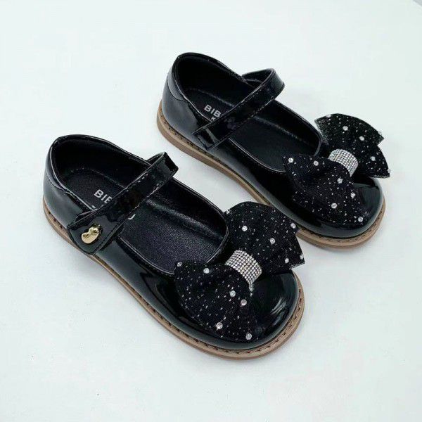 Spring style girls' leather shoes lace bow princess shoes patent leather PU shallow cut shoes soft soled children's flat shoes 