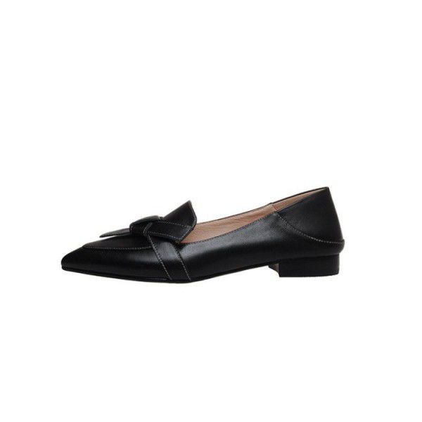 Spring and Autumn New Solid Color Low Heel Shoes, Two Wear Single Shoes, British Style Pointed Bow Inner and Outer Full Leather Women's Shoes 