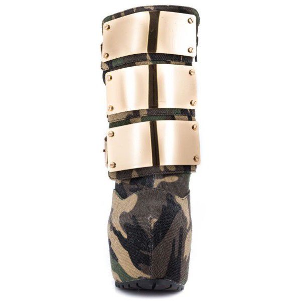 Short boots, spring and autumn, super high waterproof platform, high heels, shiny metal buckle, thin heels, camouflage color women's ankle boots 