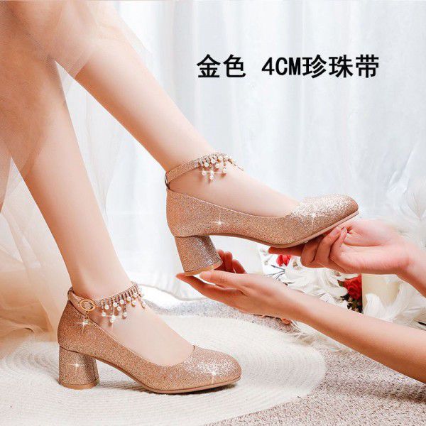 Silver single shoe women's dress with round toe high heels 