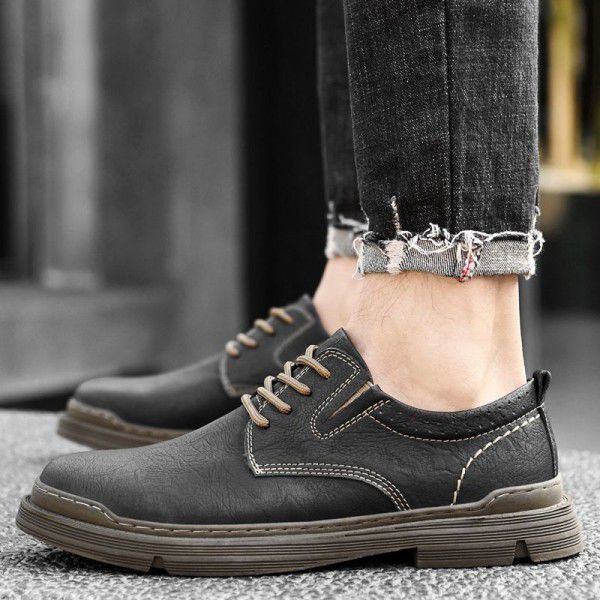 Men's shoes, spring and summer board shoes, low cut workwear shoes, Martin boots, outdoor British style retro large toe casual leather shoes 