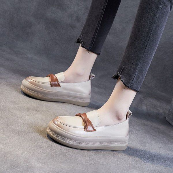 New spring cowhide casual single shoes women's soft soles color blocking thick soles Slip-on shoe women's leather retro mother's shoes 