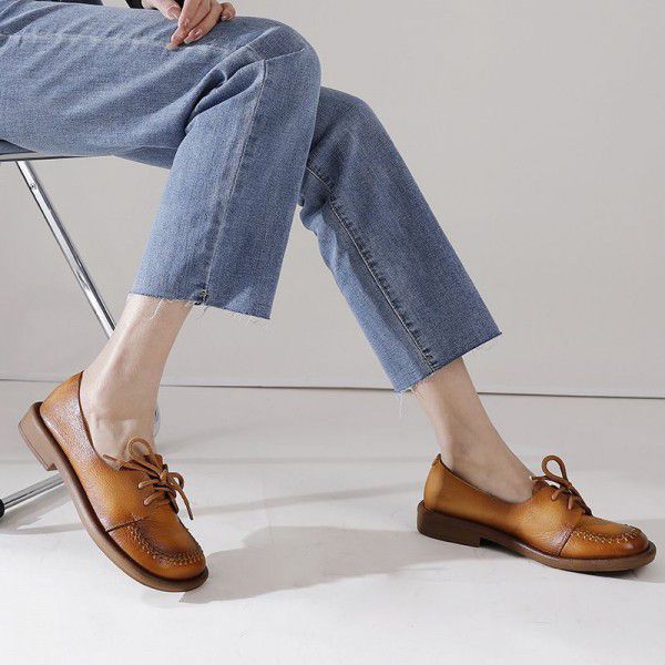 Retro Soft Sole Shoes Women's Spring and Summer New Genuine Leather Round Head Shallow Mouth Lacing Handmade Four Seasons Single Shoes 