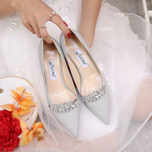 Spring and Summer New Silver High Heels Slim Heel Pointed Full Diamond Crystal Wedding Bridesmaid Shoes 