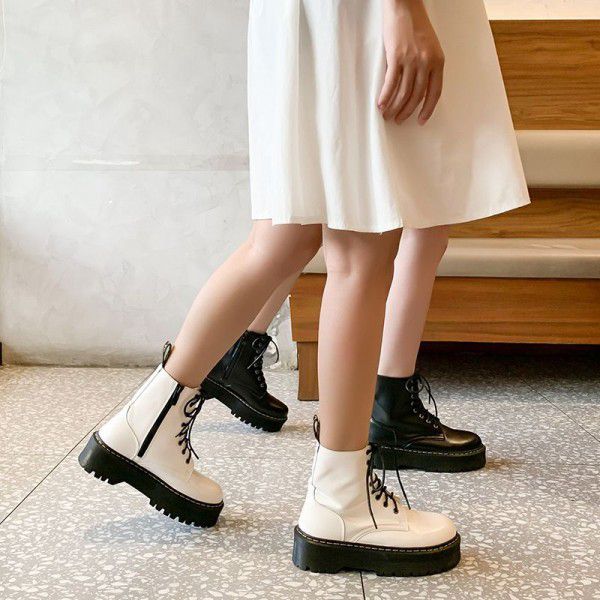 Genuine leather thick soled Martin boots for women's English style short boots, mesh red light soled high top shoes 