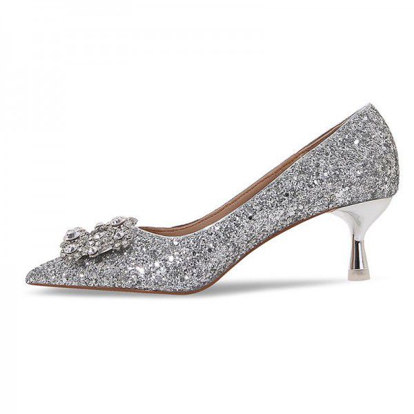 New Summer Crystal High Heels Wedding Shoes Black Professional Work Shoes Formal Water Diamond Square Button Women's Single Shoes 
