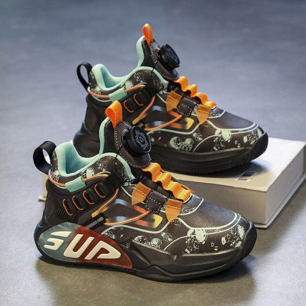 Children's Basketball Shoes Professional Training New Football Shoes Rotating Button Leather Surface Waterproof Medium to Large Children's Sports Shoes Anti slip Moisture 