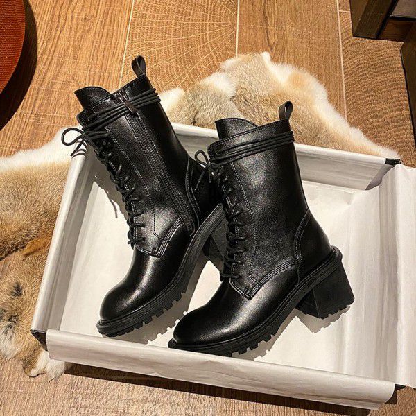 Thick heeled high heeled British style genuine leather Martin boots with black lace up round toe mid length versatile short boots 