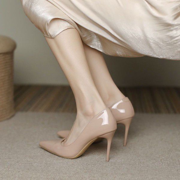 Spring New High Heels Women's Lacquer Leather French Single Shoes Pointed Toe Shallow Mouth Professional Slim Heels Work Shoes 