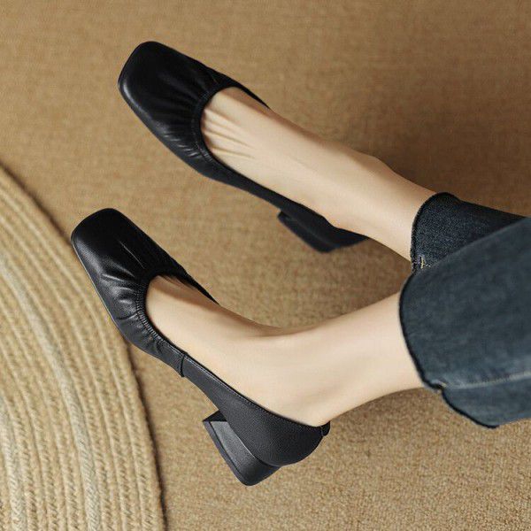 Spring New Square Headed Thick Heel Low Heel Pullover Single Shoes Beige White Black Apricot Versatile Comfortable Women's Shoes 