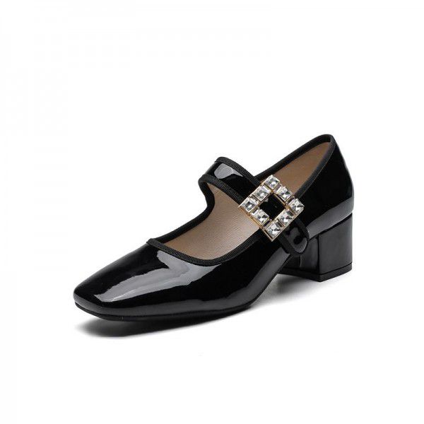 Square head retro French leather shoes leather rhinestone square button Ballet flat women's single shoes Mary Zhen shoes autumn 