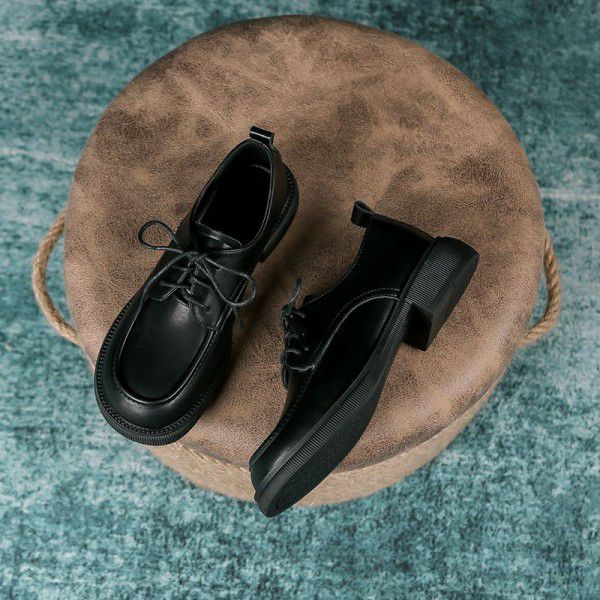 Genuine leather retro British style small leather shoes for women's spring and autumn new black versatile thick heels Japanese Lefu single shoes 