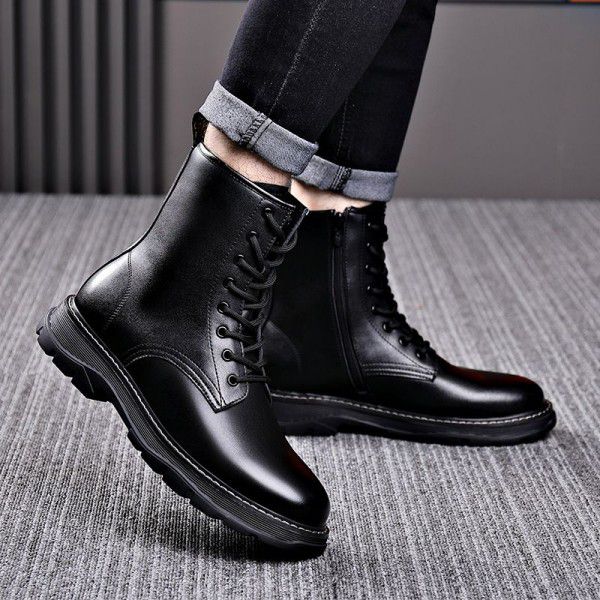 Winter men's Roman boots, fashionable youth casual lace up boots, plush insulation, trendy cotton shoes, side zipper men's boots 