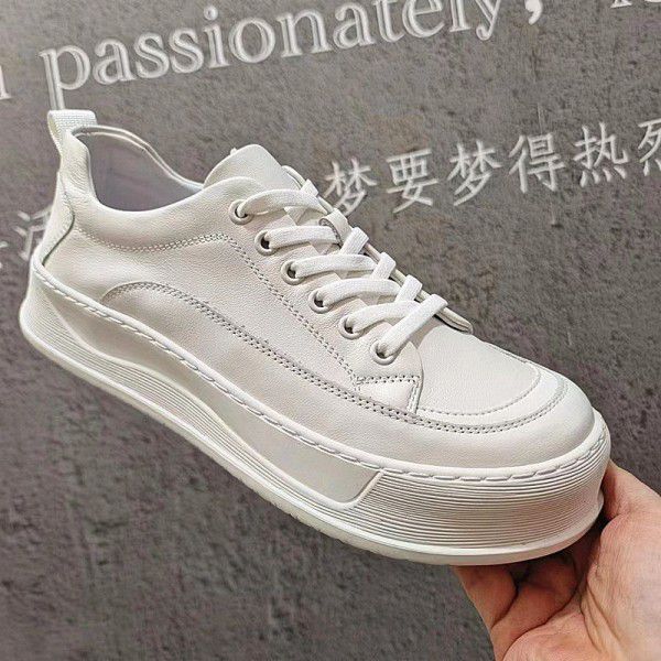 Men's Shoes Spring New Top Layer Cowhide Thick Sole Sewn Soft Sole Fashion Brand Genuine Leather Small White Casual Board Shoes for Men 