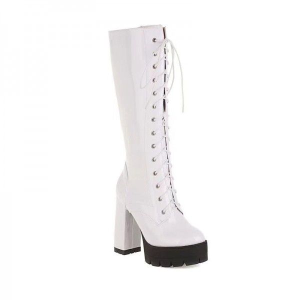 New Style Knight Boots Super High Heel Lace up Lacquer Leather Fashion Women's Boots 