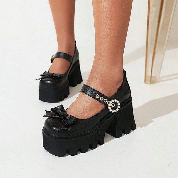 Thick soled Mary Jane shoes, patent leather, spring and autumn new bow tie, thick heels, super high heels, women's single shoes, British style small leather shoes 