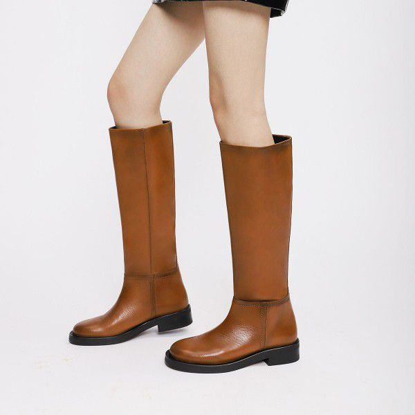 Women's brown English style flat cut retro slim round head high tube flat bottom skinny knight boots 