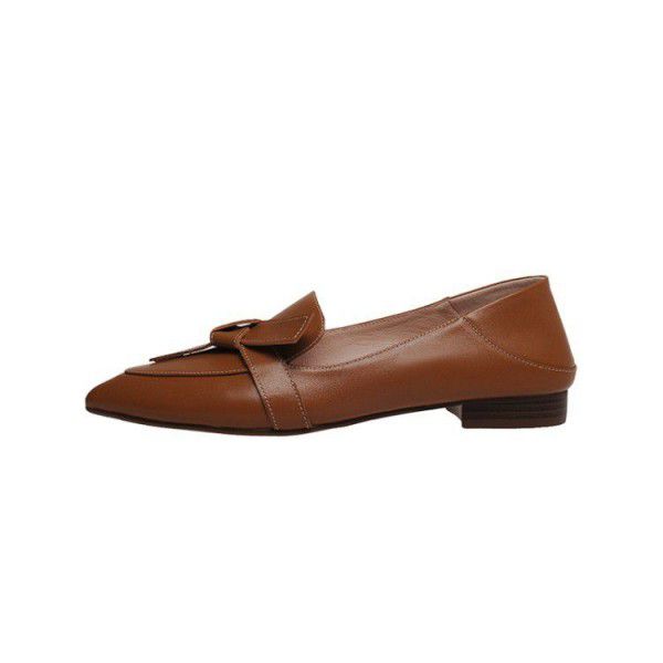 Spring and Autumn New Solid Color Low Heel Shoes, Two Wear Single Shoes, British Style Pointed Bow Inner and Outer Full Leather Women's Shoes 